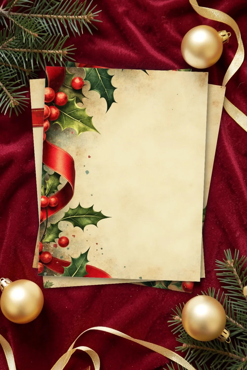 Antique Christmas scrapbook paper with holly, berries and a red ribbon on aged parchment, printed sheets stacked, on burgundy velvet with fir twigs, gold baubles and gold ribbon