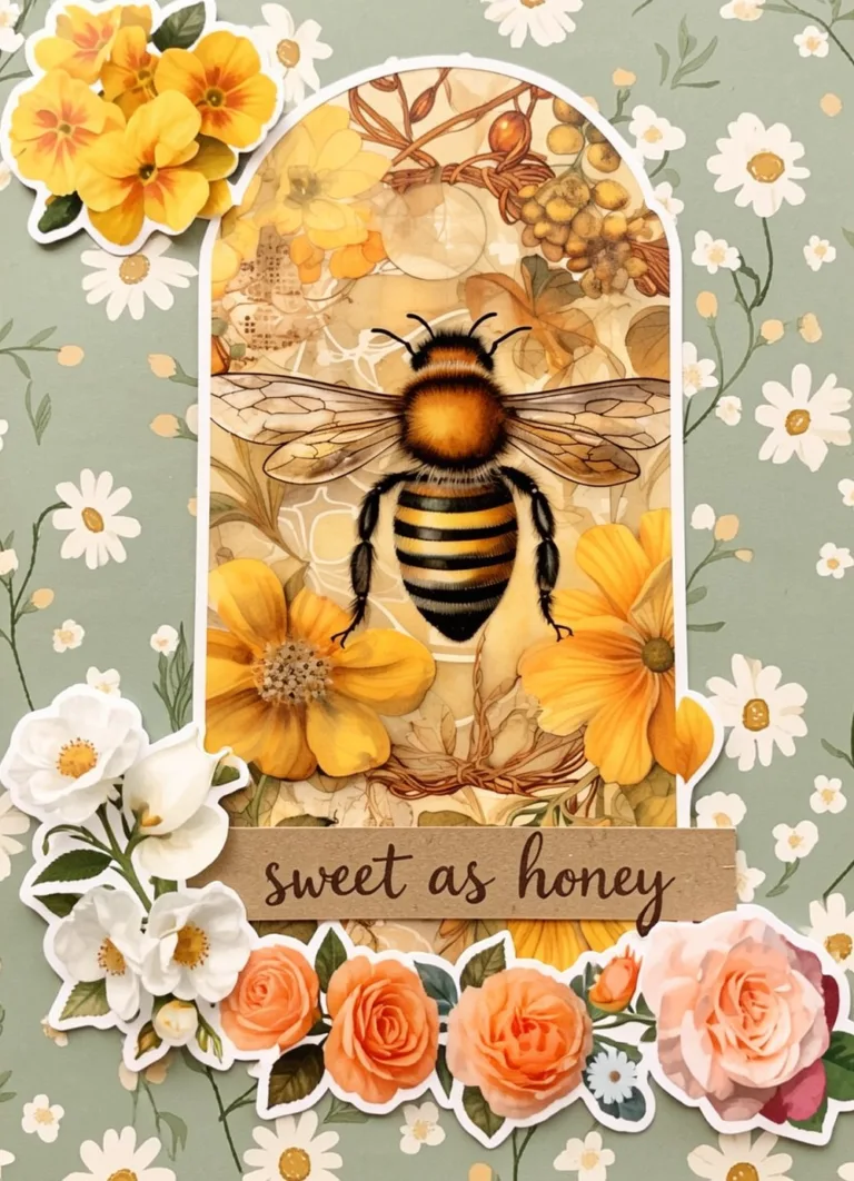 Scrapbook page layout on sage green daisy paper with a large arched bee tag in the centre, yellow, white and peach flower stickers around it and a kraft strip that says sweet as honey