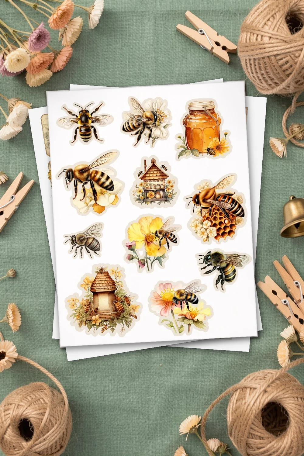 Printed page of bees, beehives and honey jars to cut out, two more pages of the kit under it, on sage green linen with dried flowers and twine