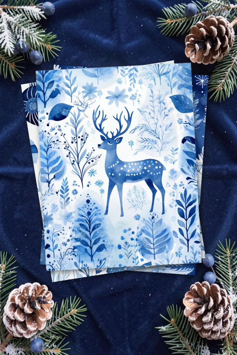 Blue watercolor Christmas paper with a reindeer in a winter forest, printed sheets stacked, on midnight blue velvet with snowy fir sprigs, pine cones and juniper berries