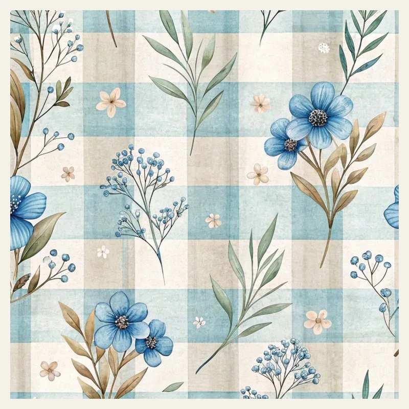Pale blue and cream checked paper with blue flowers and green leaves