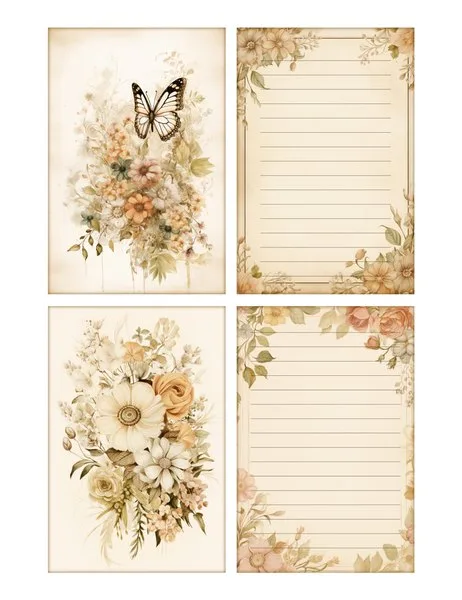 Two floral cards and two lined note cards