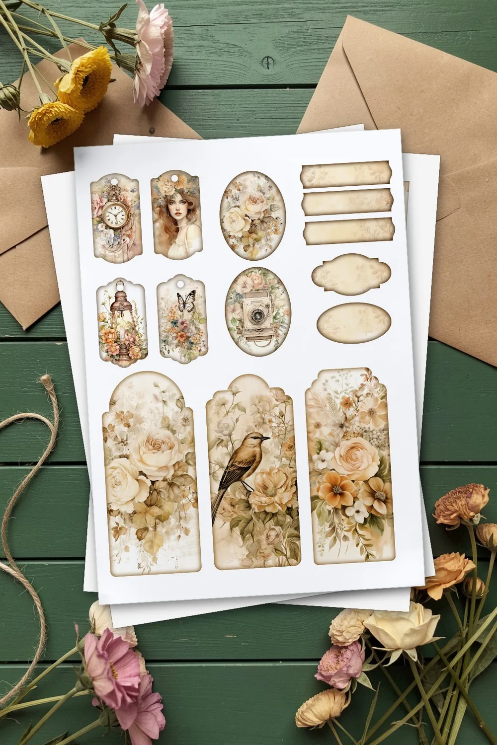 Printed page of beige vintage tags and oval frames with flowers, a bird and a clock, two more pages of the kit under it, on green wooden boards with dried flowers, kraft envelopes and twine