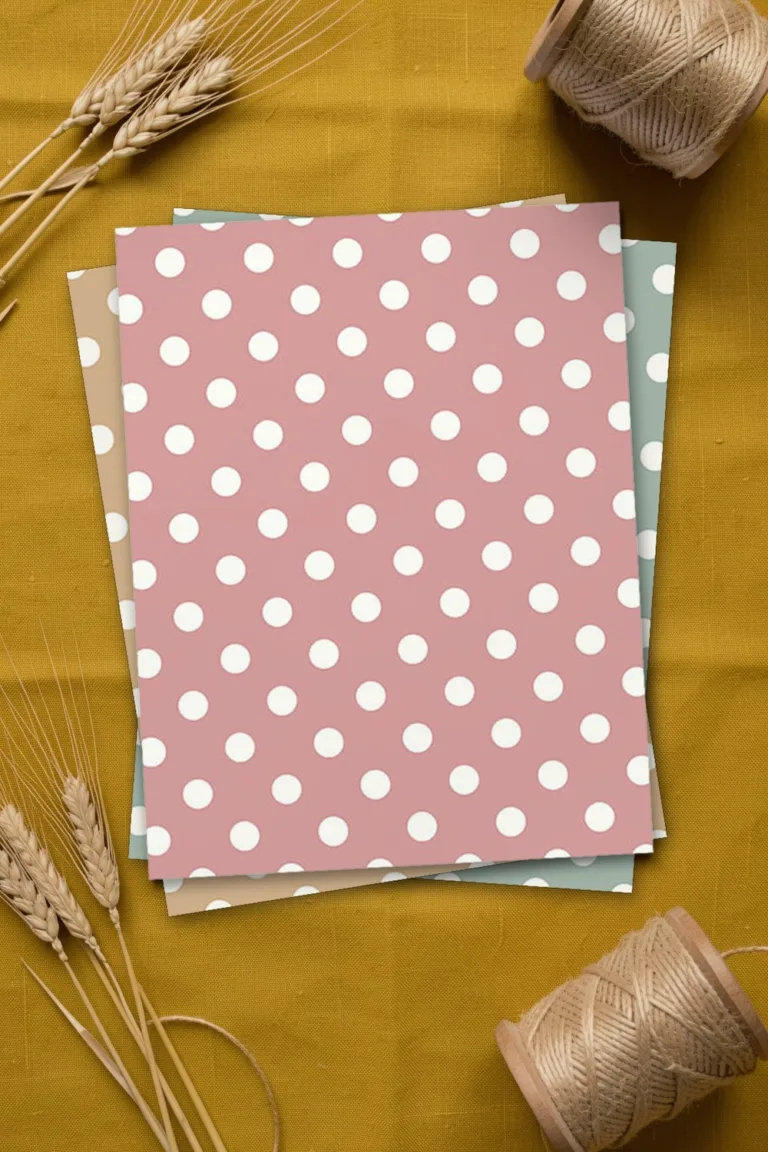 Dusty rose polka dot scrapbook paper, printed sheets stacked, on mustard yellow linen with dried wheat and a spool of jute twine