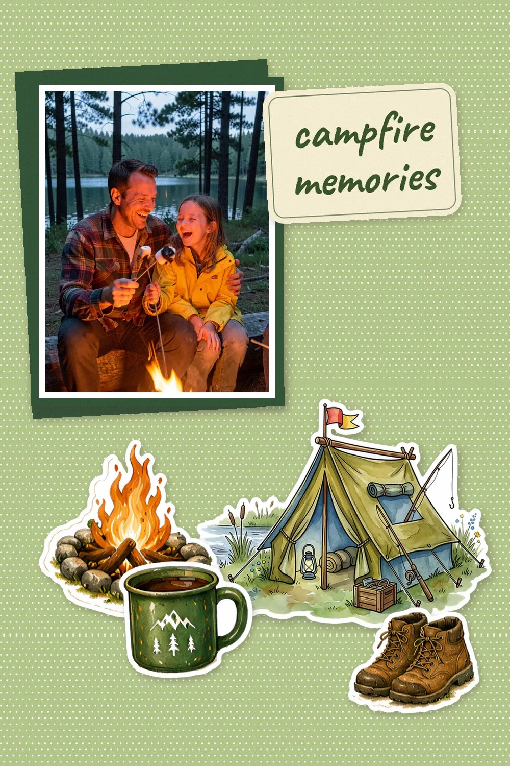 Travel scrapbook page on green dotted paper with a photo of a father and daughter roasting marshmallows by a campfire, a large watercolor tent sticker, a campfire, a mug and hiking boots, and the words campfire memories