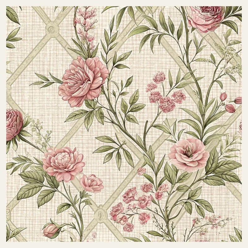 Cream paper with pink peonies and green branches on a pale lattice