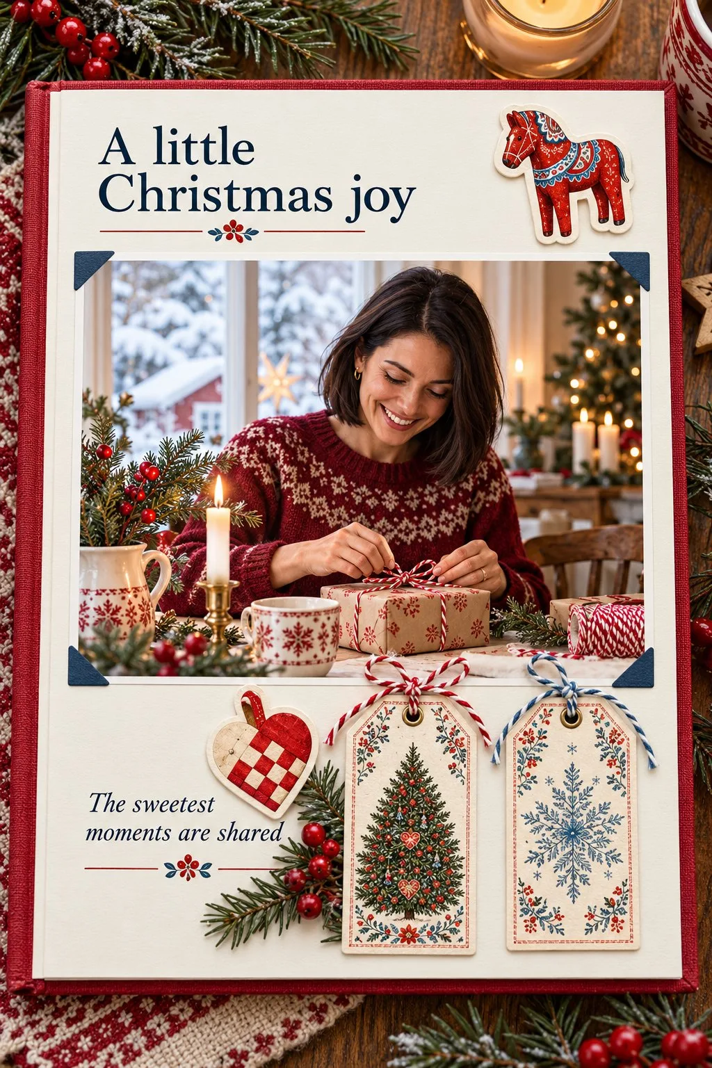 Christmas scrapbook page with a woman wrapping gifts and Nordic gift tags