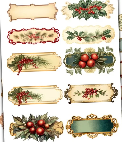 Labels with holly, berries and pine