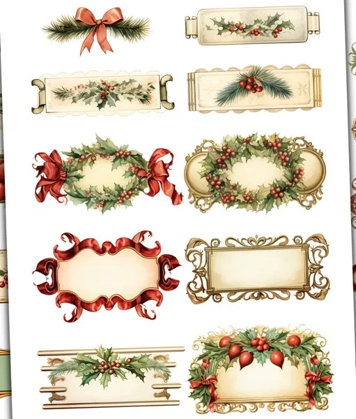 Labels with wreaths and red bows