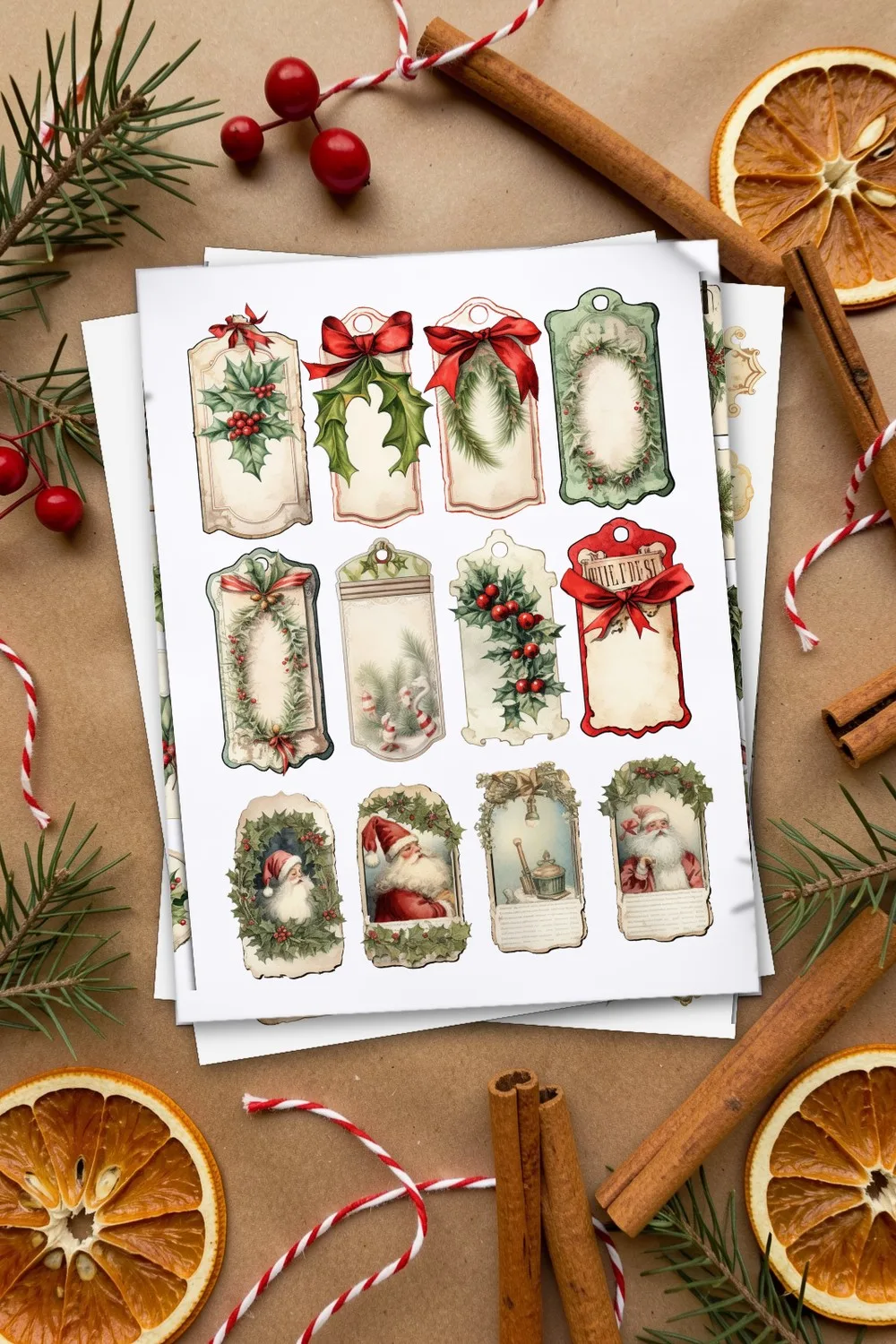 Printed page of large Christmas tags with red bows, wreaths and Santa, with a page of labels under it, on kraft paper with pine sprigs, cinnamon sticks and dried orange slices