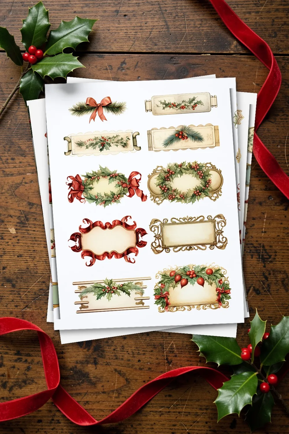 Printed page of vintage Christmas labels with wreaths and red bows, two more pages under it, on a dark wooden table with holly sprigs and red velvet ribbon