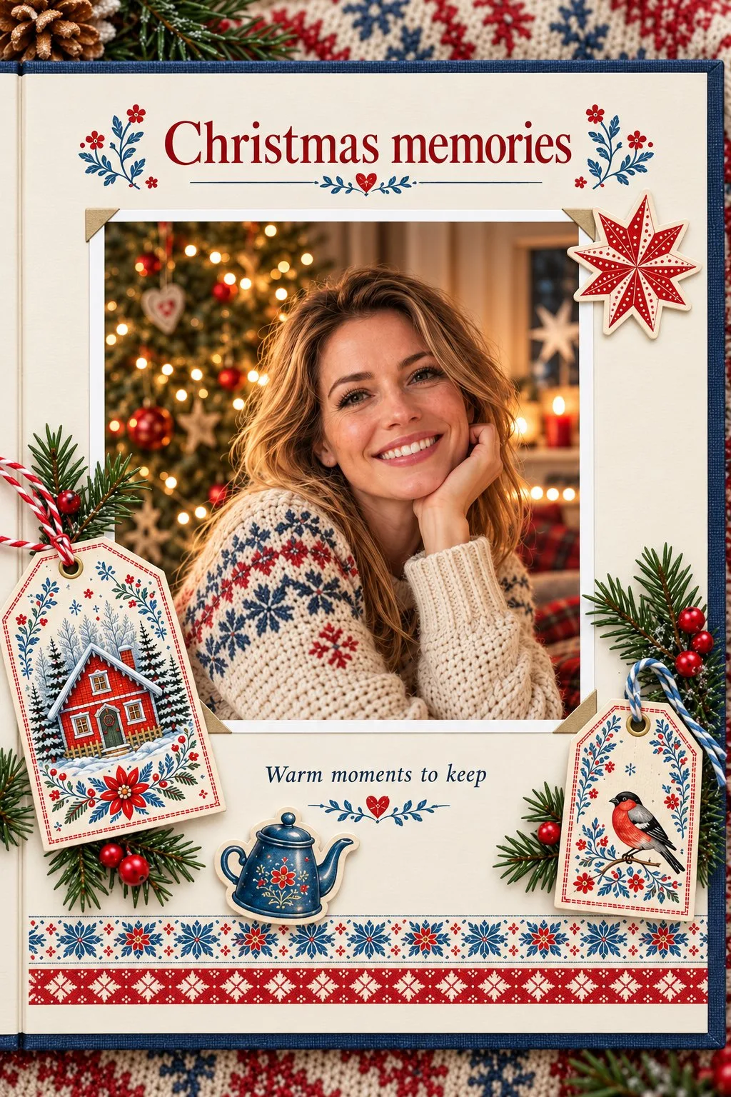 Christmas scrapbook page with a woman in a Nordic sweater and red and blue tags