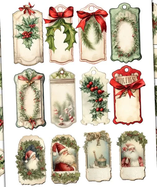 Large tags with bows, wreaths and Santa
