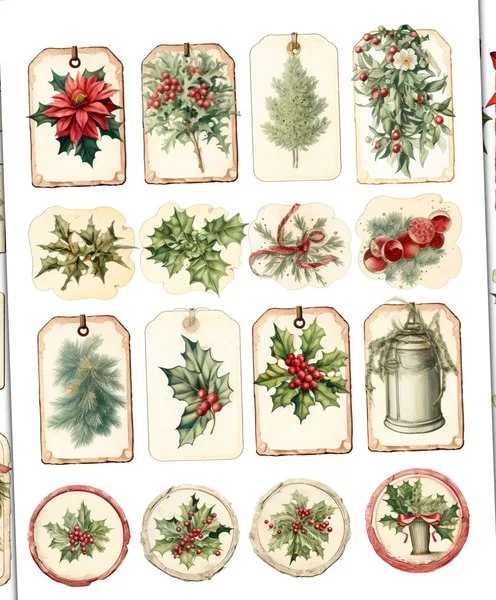 Tags with poinsettia, holly and pine