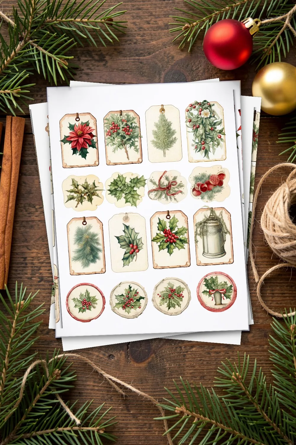 Printed page of vintage Christmas tags with poinsettia, holly and pine, two more pages under it, on a dark wooden table with pine branches and Christmas baubles