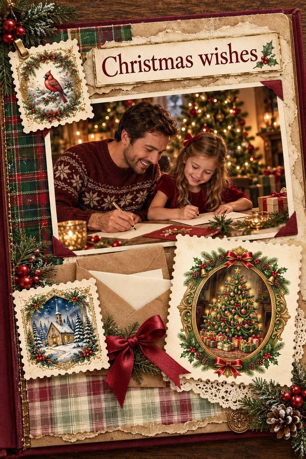Family Christmas scrapbook page with plaid paper and vintage stamps