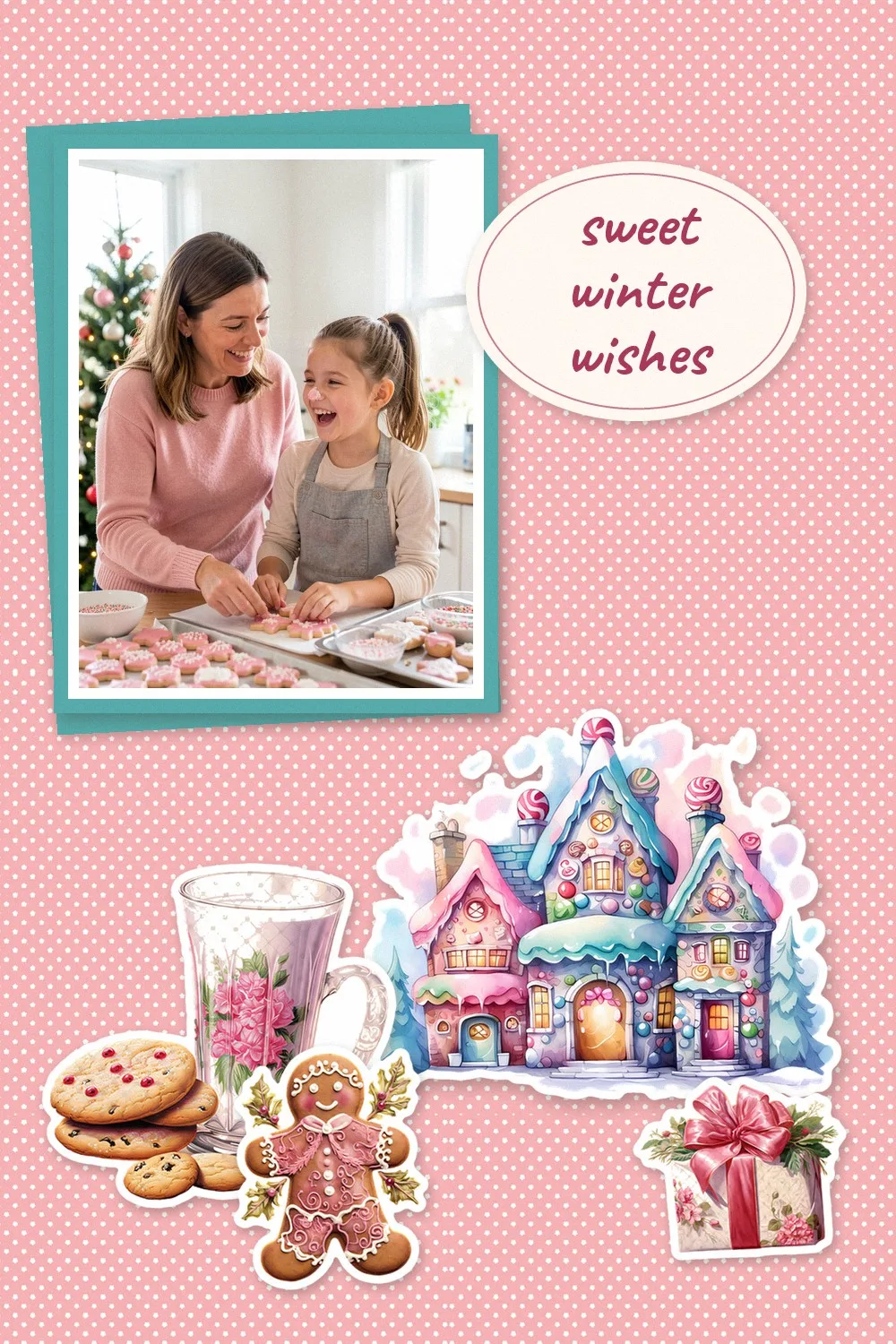 Scrapbook first page on pink polka dot paper with a photo of a mother and daughter icing cookies, a pastel candy cottage sticker and cookies, gingerbread and gift stickers