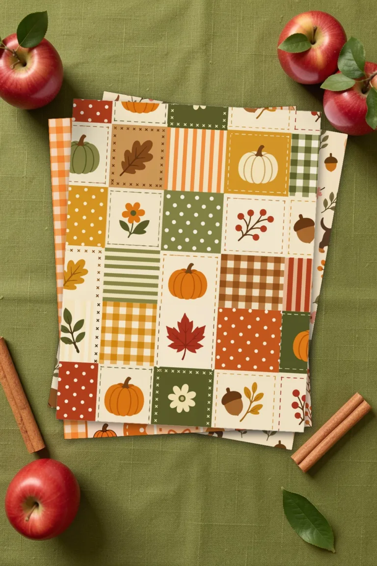 Fall patchwork paper with pumpkins, leaves and acorns, printed sheets stacked, on olive green linen with red apples and cinnamon sticks