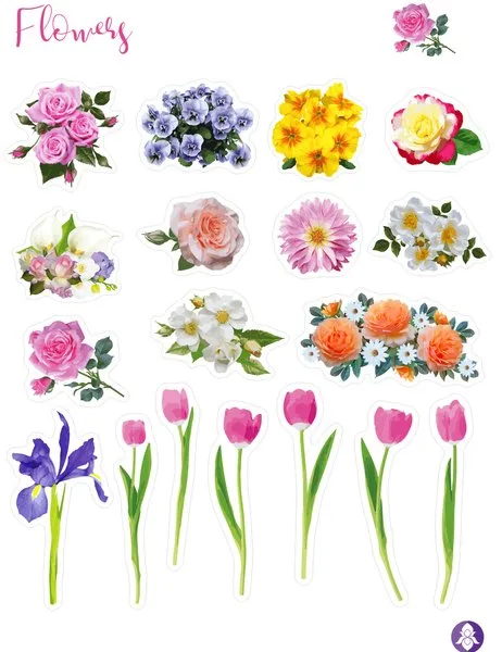 Flower sticker sheet with roses, pansies, dahlia and tulips