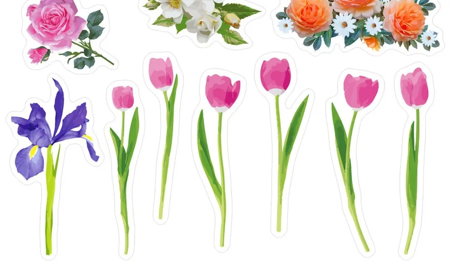 Rose garland, an iris and pink tulips