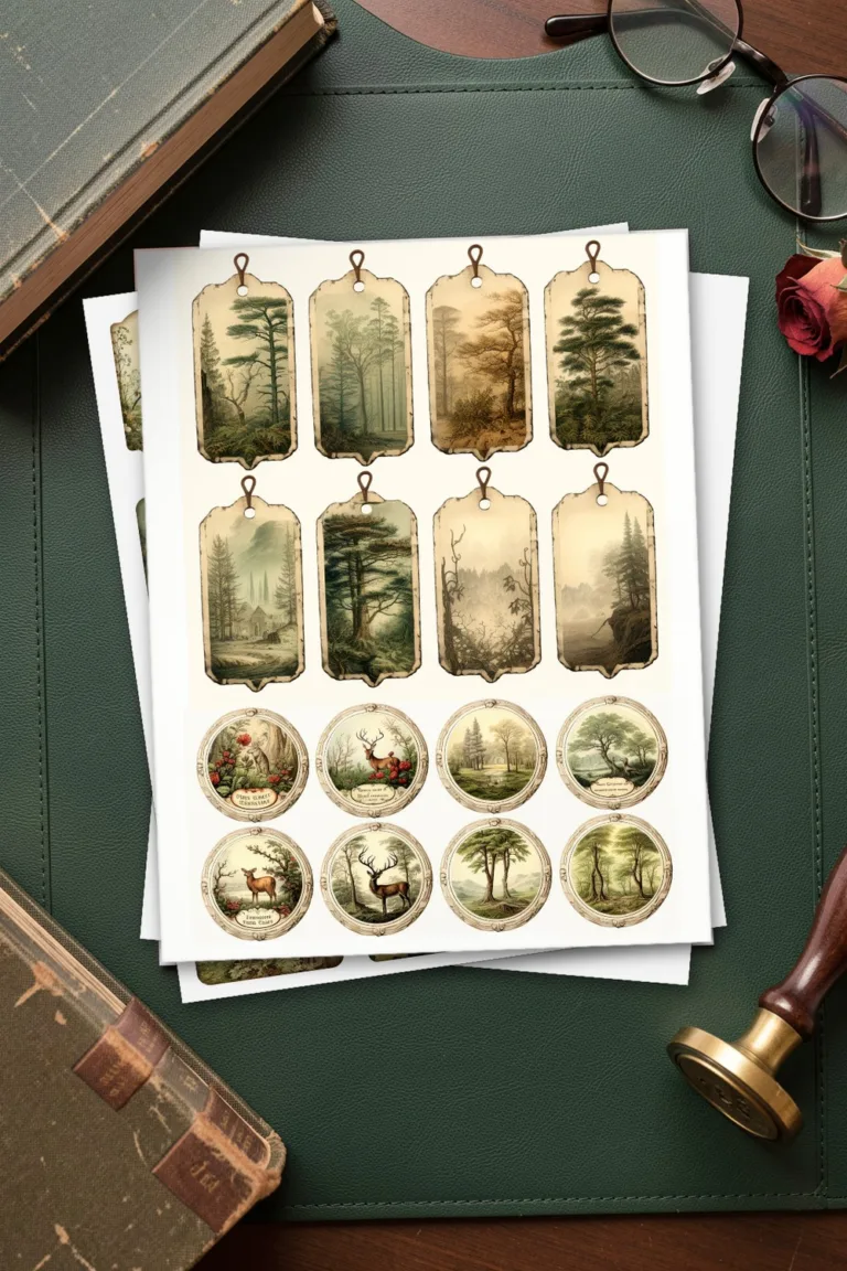 Printed page of forest tags with pine trees and round stickers with deer, two more pages of the kit under it, on a green leather desk pad with old books and a wax seal