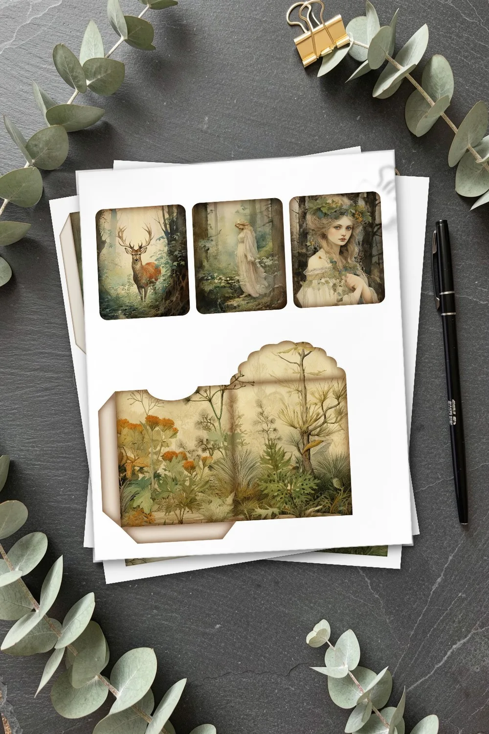 Printed page with three woodland cards and a pocket envelope to cut out, with pages of pockets under it, on dark slate with eucalyptus branches and gold clips