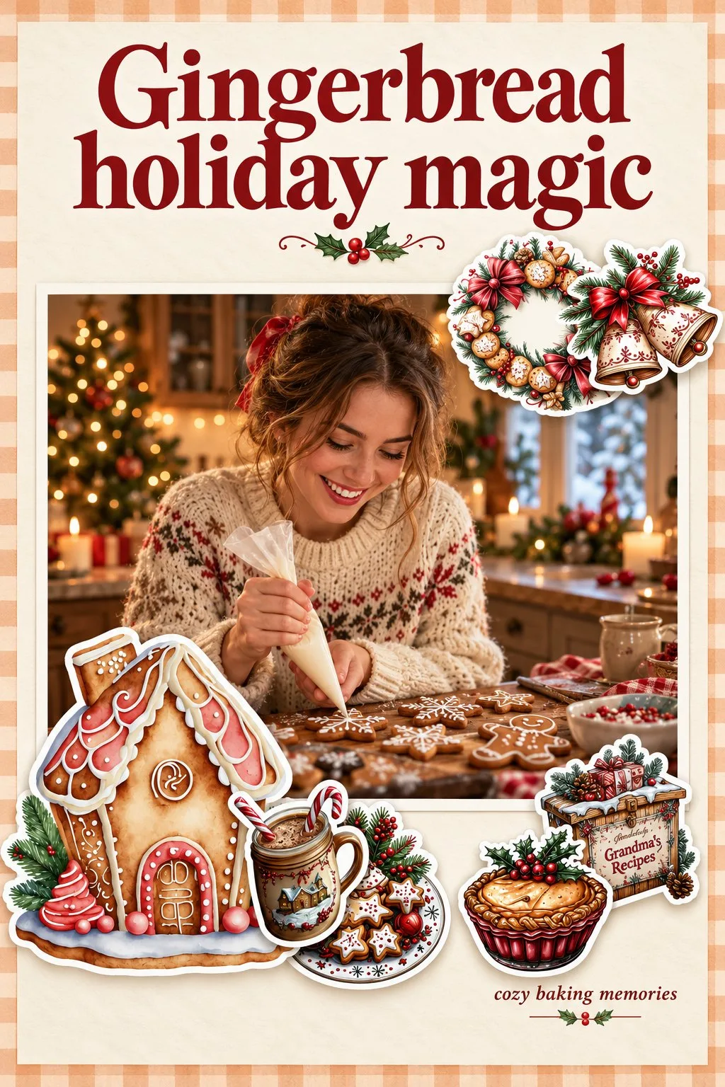 Gingerbread scrapbook page with a woman icing cookies, a gingerbread house sticker and bakery stickers on gingham