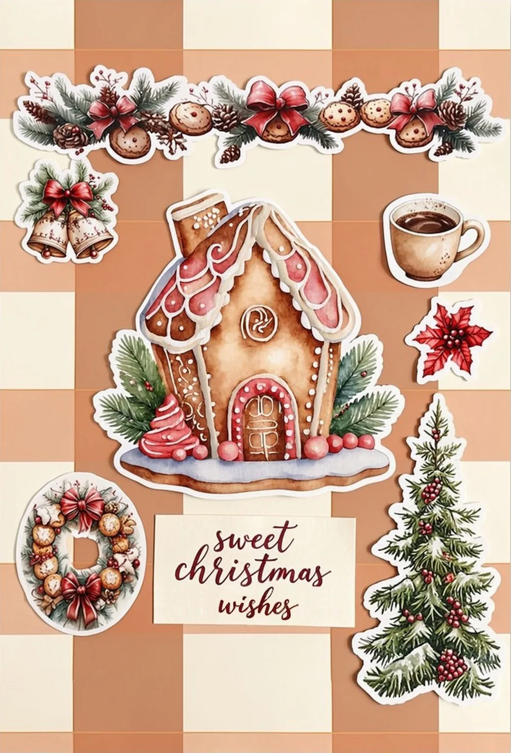 Christmas scrapbook page layout on peach gingham paper with a large gingerbread house, a garland of bows and cookies, bells, a cup of cocoa, a poinsettia, a wreath and a Christmas tree, and a strip that says sweet christmas wishes