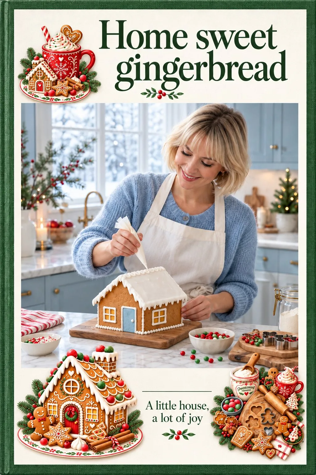 Gingerbread scrapbook page with a woman decorating a gingerbread house