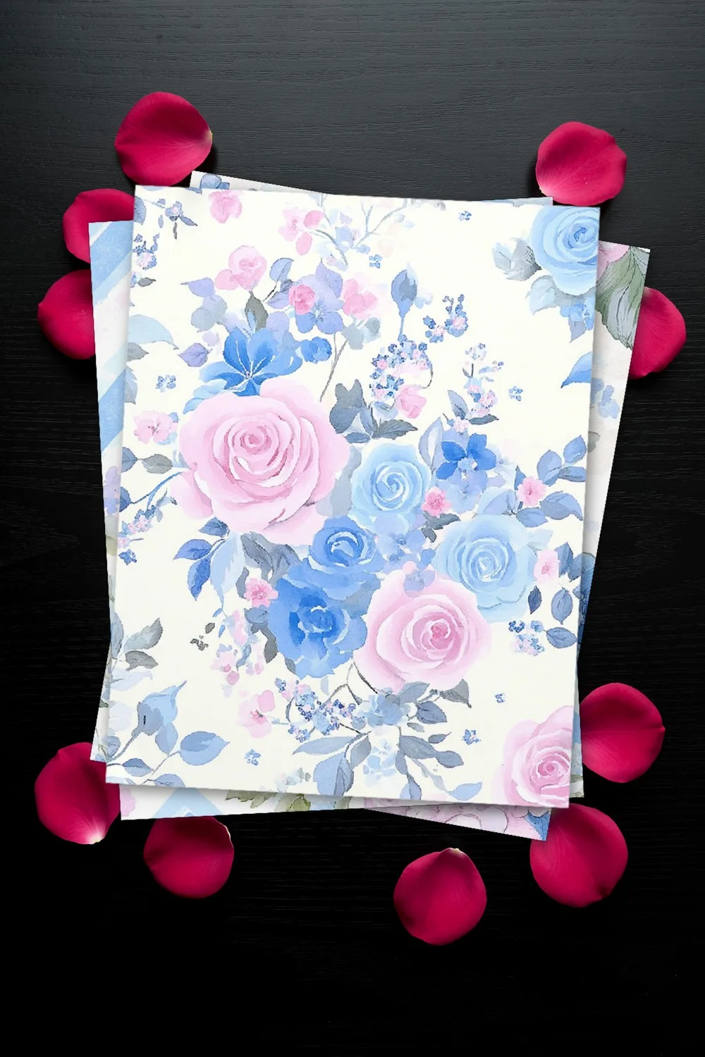 Floral paper with pink and blue bouquets, printed sheets stacked, on a black wooden table with pink rose petals