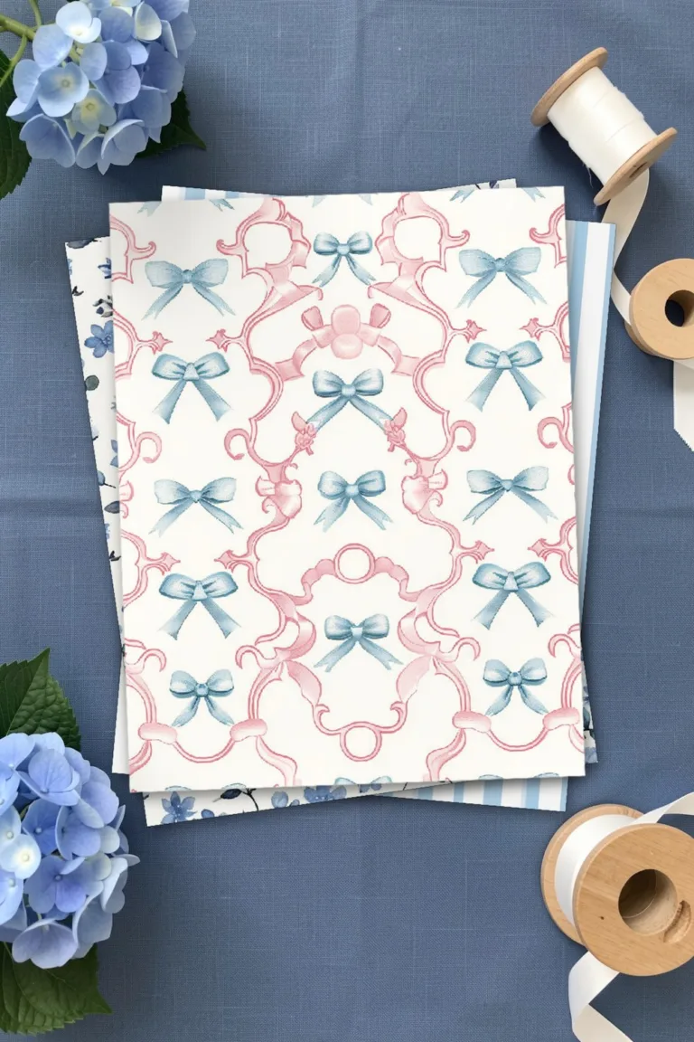 Pink trellis paper with bows, printed sheets stacked, on slate blue linen with blue hydrangeas and spools of white ribbon