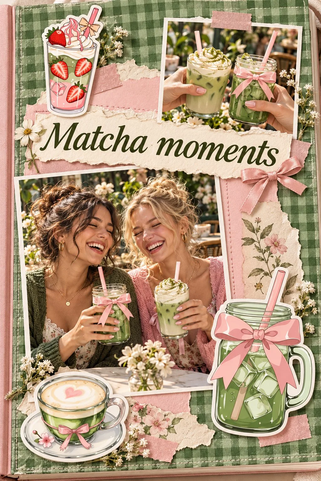 Green gingham scrapbook page with two friends and matcha clipart
