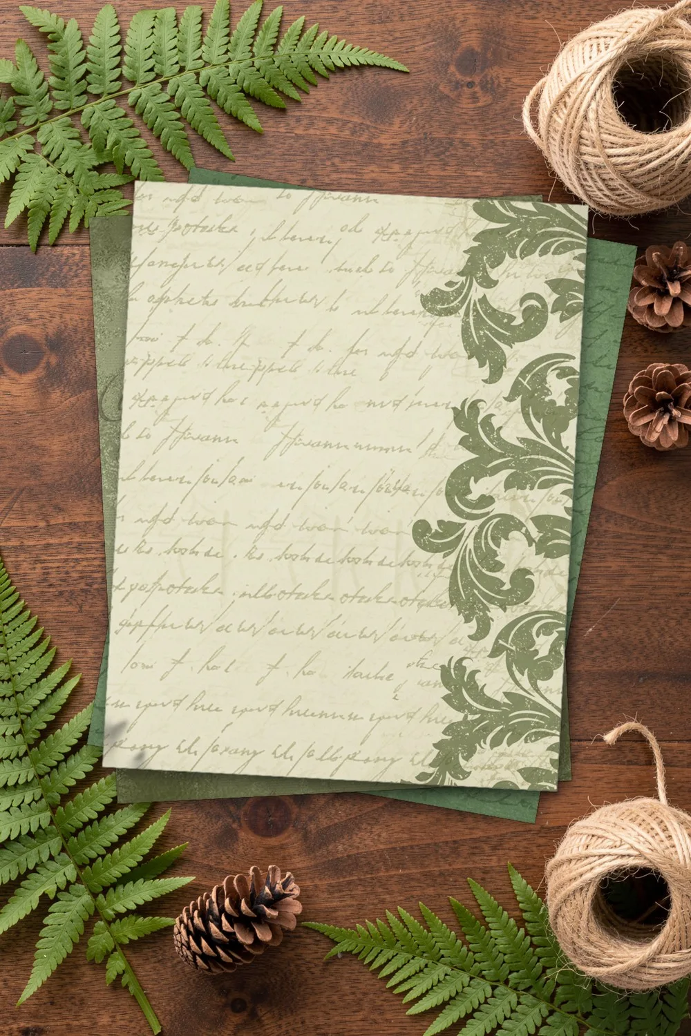 Cream vintage paper with handwritten script and a green damask border, printed sheets stacked, on a dark oak table with fern leaves, pine cones and jute twine