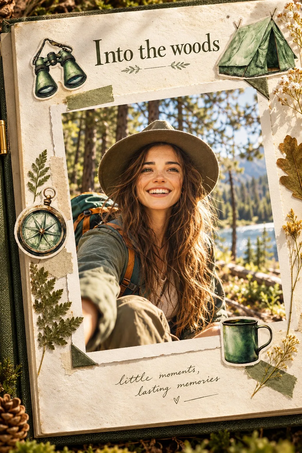Camping scrapbook page with a hiker, a tent and compass stickers