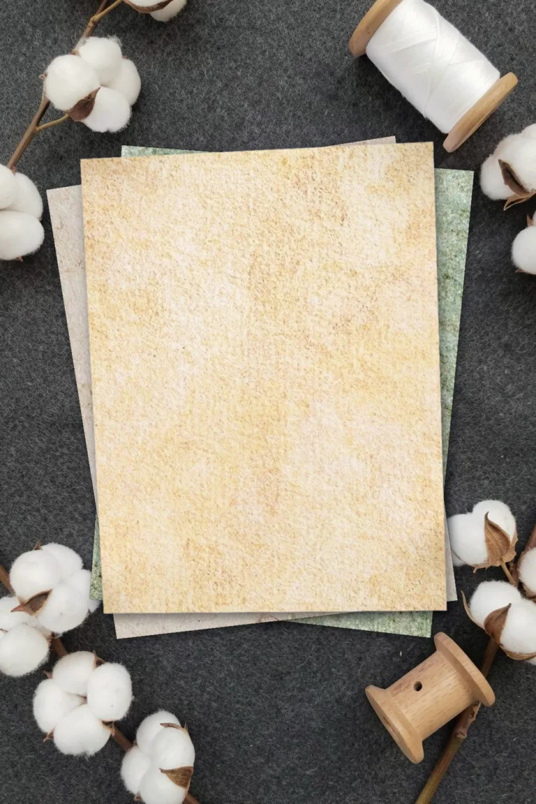 Light vintage paper in warm yellow, printed sheets stacked, on charcoal grey felt with cotton flowers and spools of thread