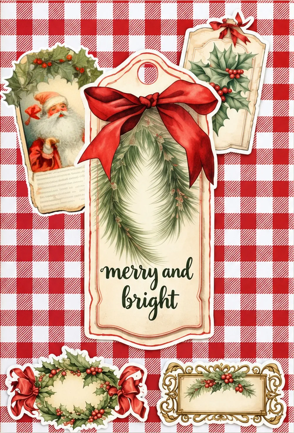 Christmas scrapbook layout on red gingham paper with a large cream gift tag, a red bow and pine branches, the words merry and bright, a vintage Santa tag, a holly tag and two holly labels