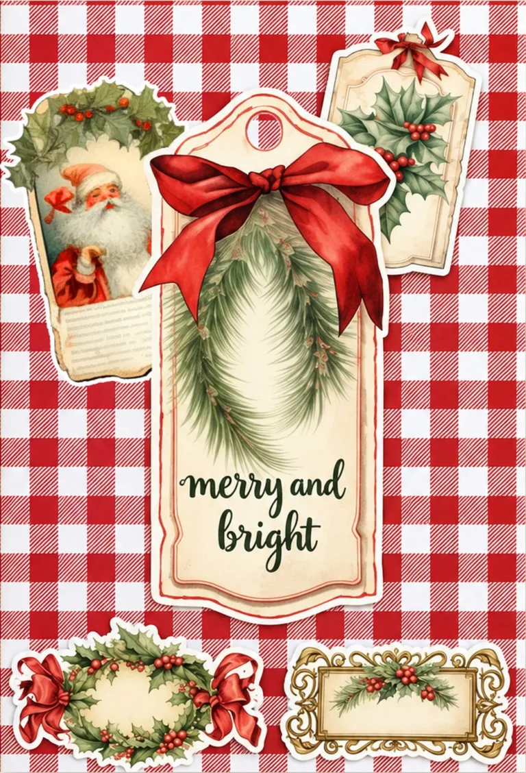 Christmas scrapbook page layout on red gingham paper with a large cream gift tag, a red bow and pine branches, the words merry and bright, a vintage Santa tag, a holly tag and two holly labels