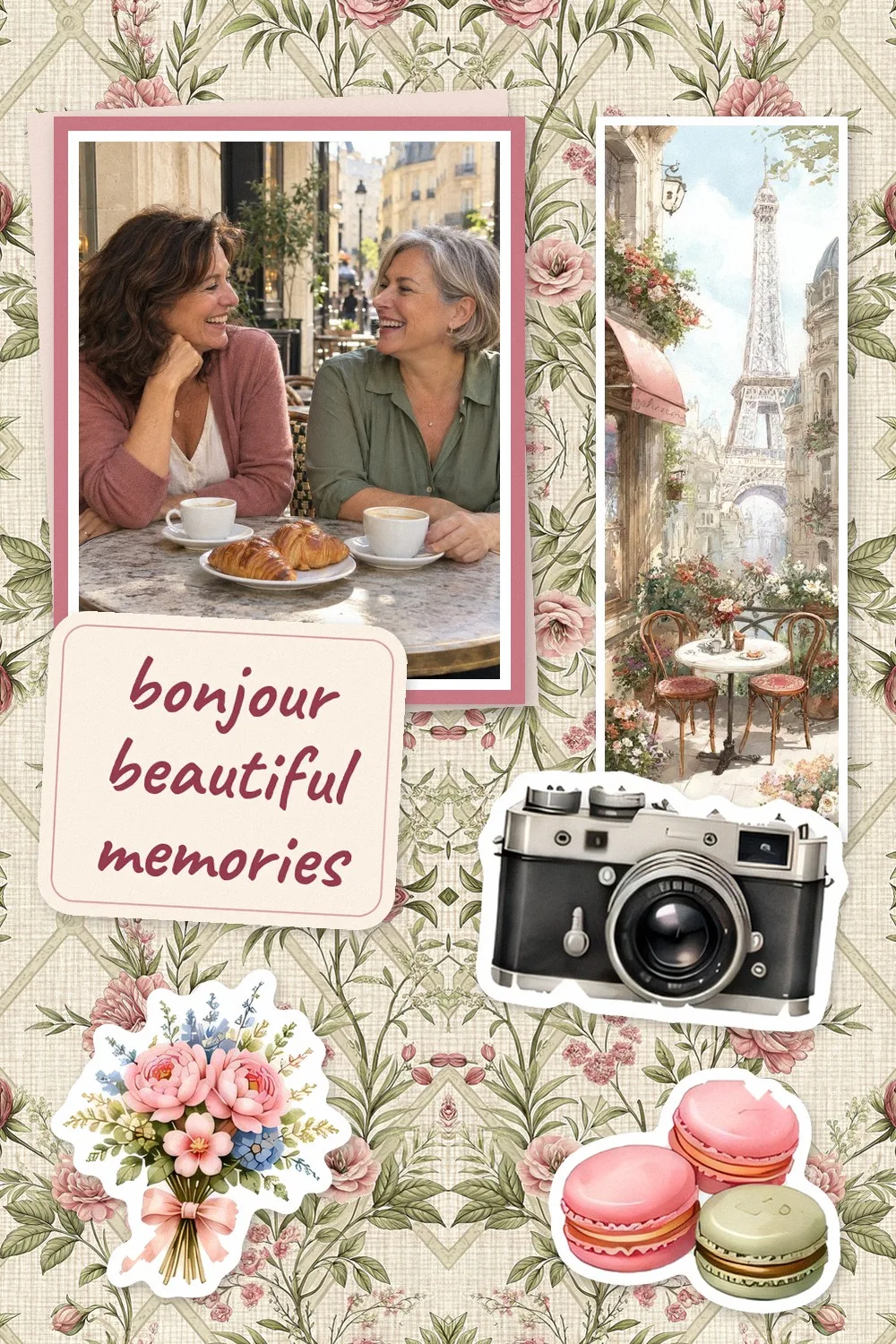 Travel scrapbook page on pink floral toile paper with a photo of two laughing women at a Paris cafe table with coffee and croissants, a tall watercolor Eiffel Tower bookmark card, a vintage camera, a flower bouquet and macaron stickers, and the words bonjour beautiful memories