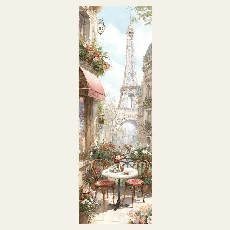 Tall watercolour bookmark with the Eiffel Tower, a café with a pink awning and a table with two chairs