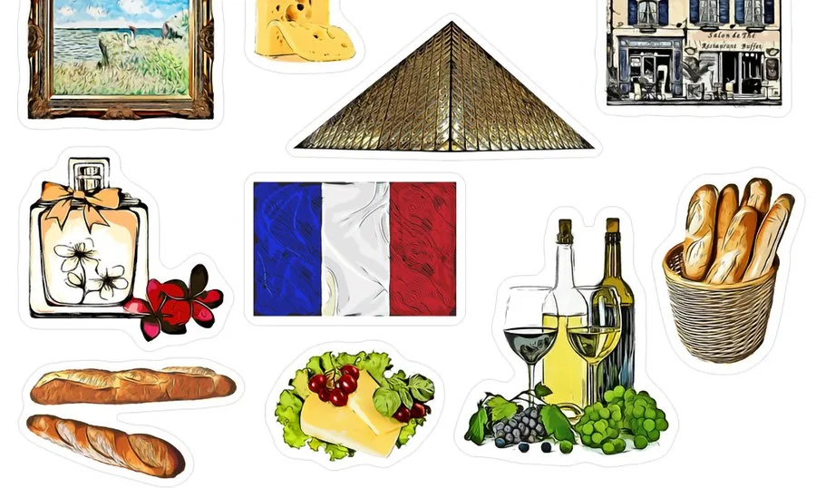 A perfume bottle, the French flag, wine, cheese and baguettes