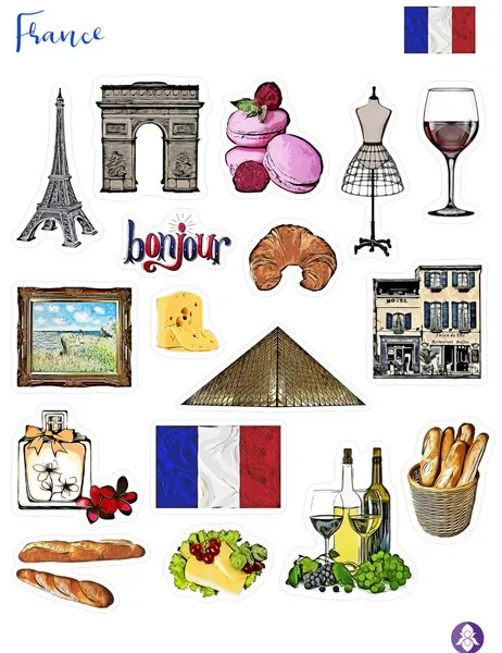 Paris sticker sheet with the Eiffel Tower, macarons, a croissant and baguettes