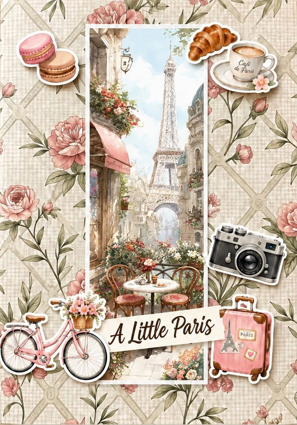 Travel scrapbook page layout on cream floral paper with a tall Eiffel Tower bookmark and Paris stickers