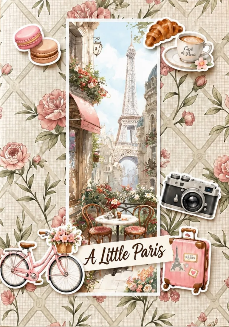 Travel scrapbook page layout on cream floral paper with a tall watercolour Eiffel Tower café bookmark, stickers of macarons, a croissant, a coffee cup, a camera, a bicycle and a suitcase, and a strip that says A Little Paris