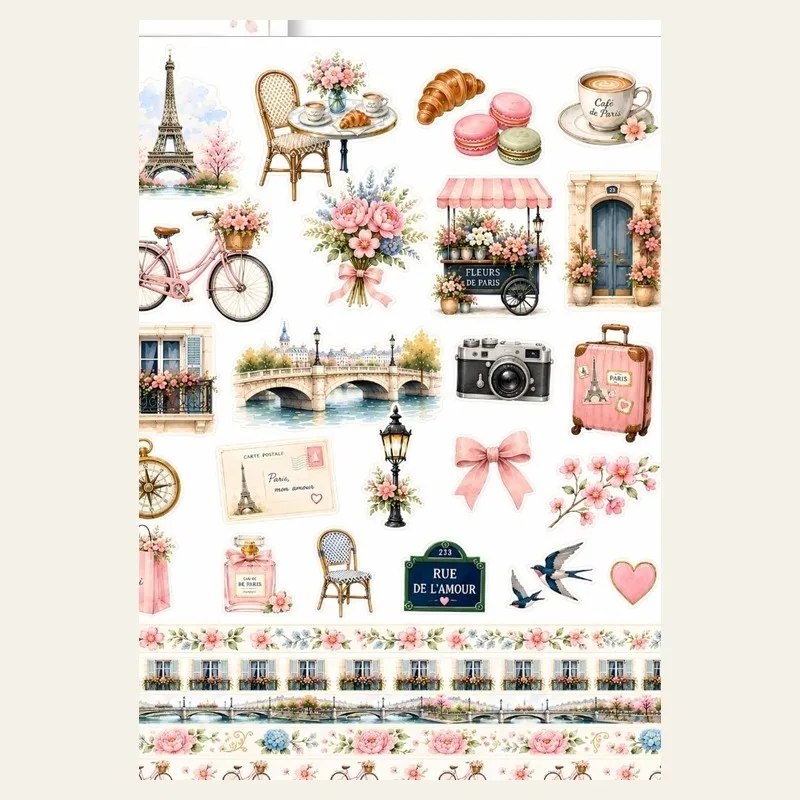 Printable page of Paris stickers: Eiffel Tower, bicycle, café chairs, macarons, camera, suitcase