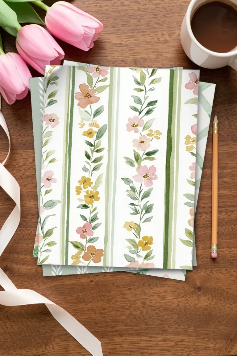 Watercolor paper with stripes of floral vines, printed sheets stacked, on a wooden table with pink tulips and a cup of coffee