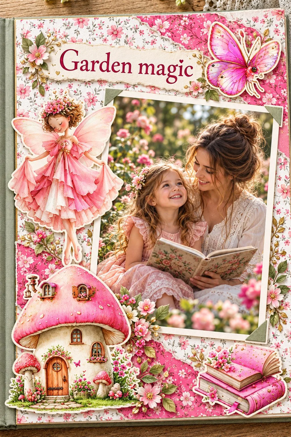 Pink scrapbook page with floral paper, a fairy and a mushroom house