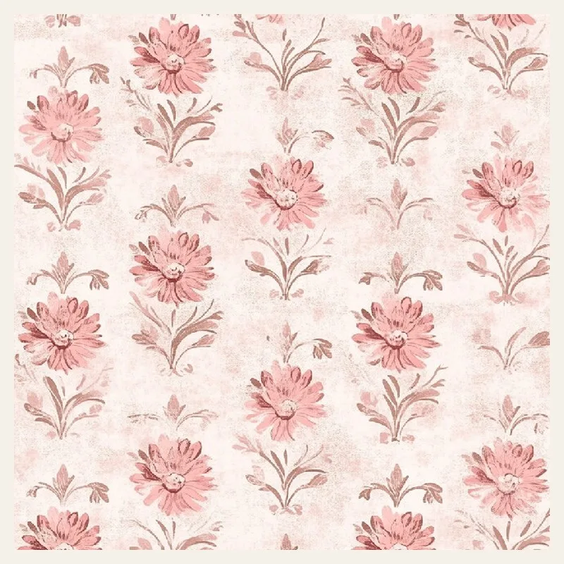 Pink damask paper with rows of pink flowers and scrolls