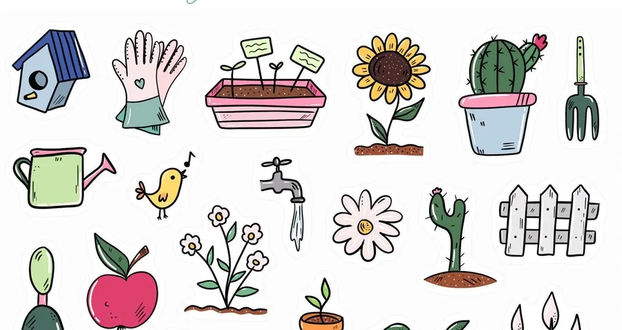 A birdhouse, garden gloves, a sunflower, a cactus and a watering can