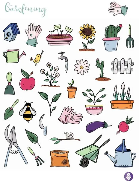 Gardening sticker sheet with a watering can, a wheelbarrow, seedlings and garden tools