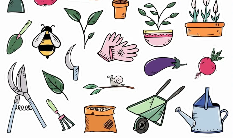 Seedlings, pruning shears, a seed bag, a wheelbarrow and vegetables